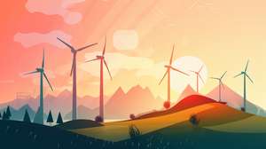 Grafische Darstellung von Windrädern, im Hintergrund Berge, Sonnenuntergang
